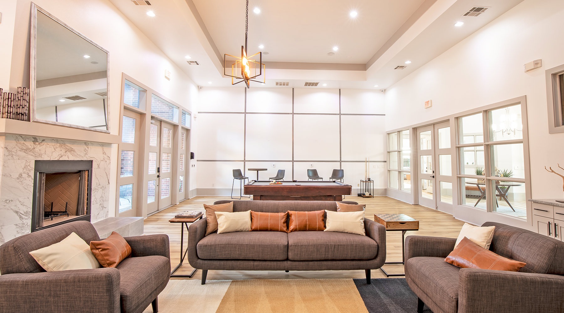 lounge with seating and fireplace