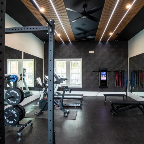 Quick access to state-of-the-art amenities a gym with weights