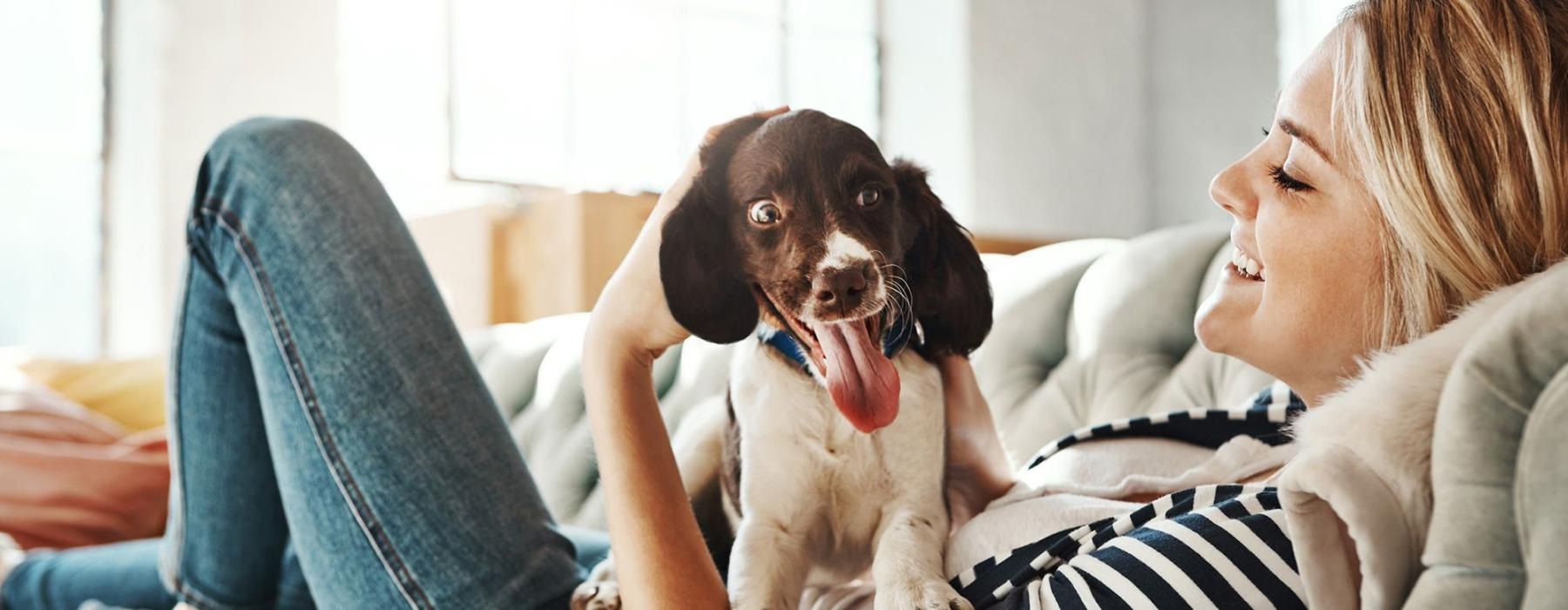 woman lies on a couch and pets her dog